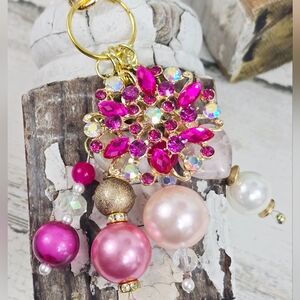 Handmade Pink and Gold Beaded Purse Charm / Keychain